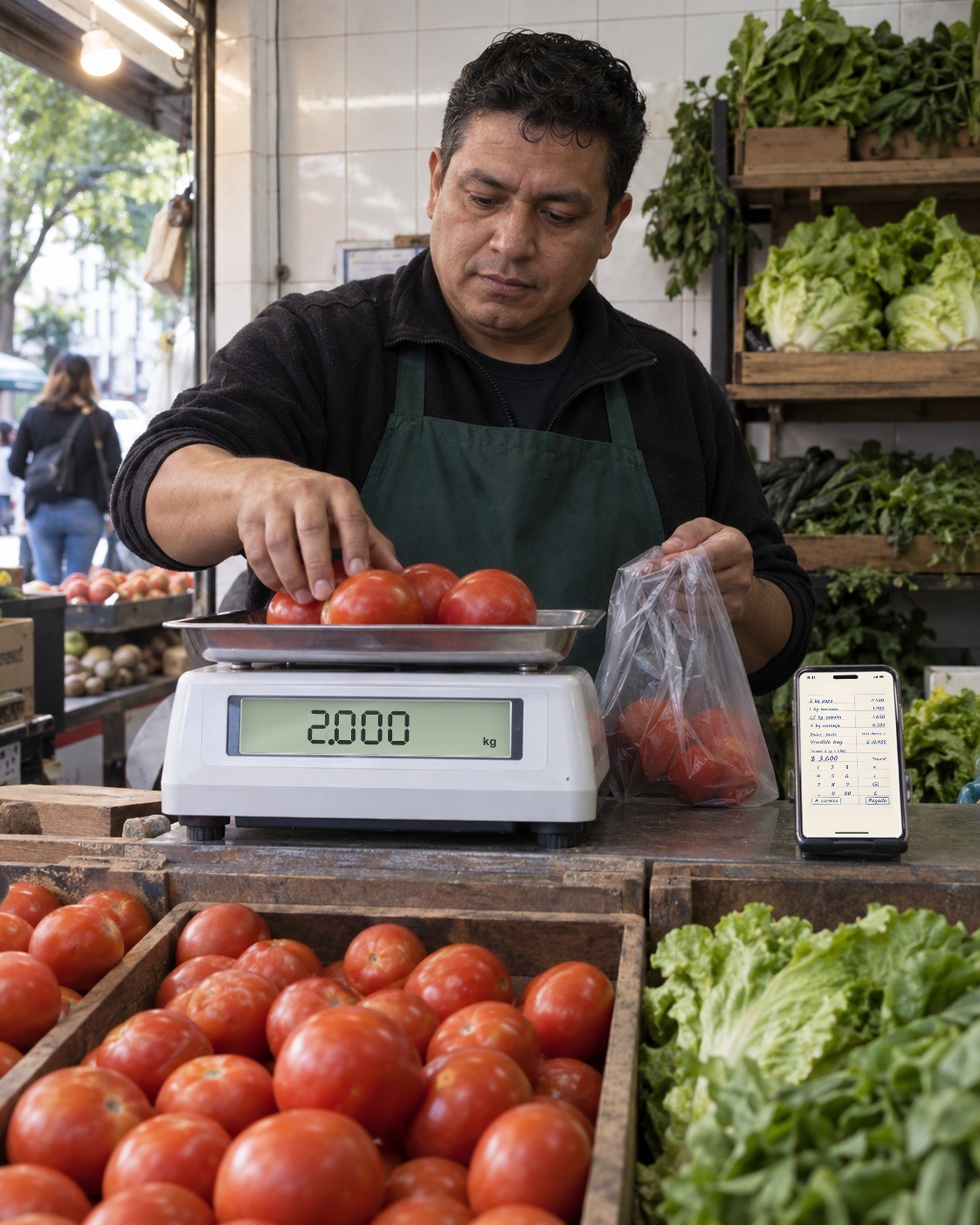 Un verdulero pesa tomates con Birome al lado de la balanza