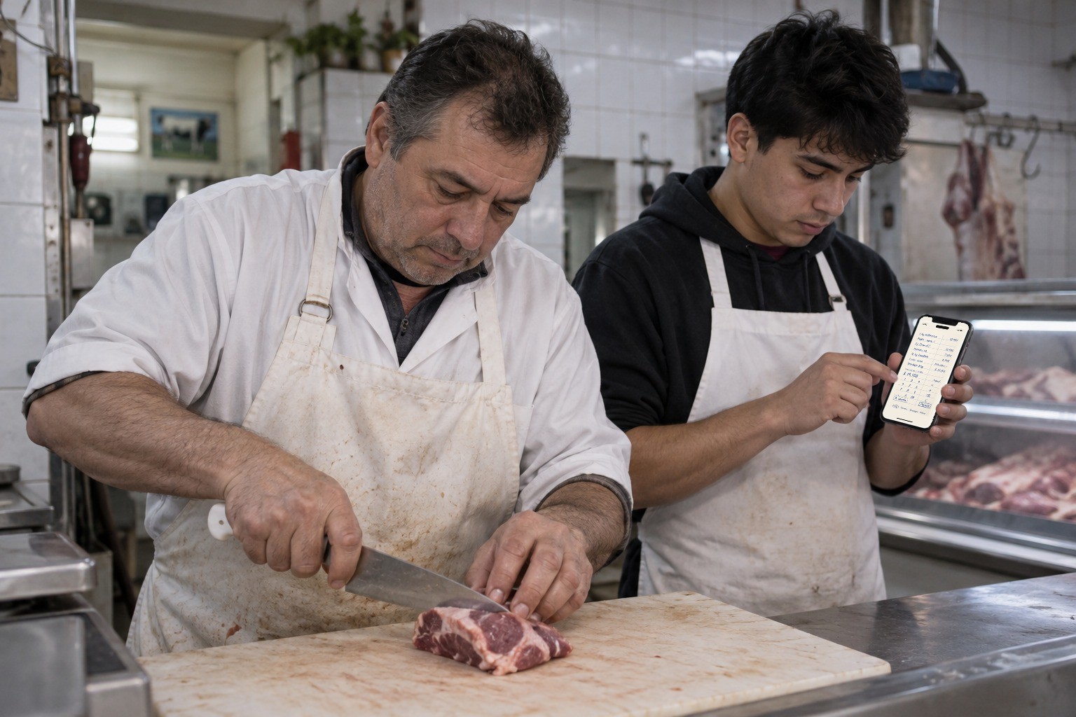 Padre e hijo en la carnicería con Birome