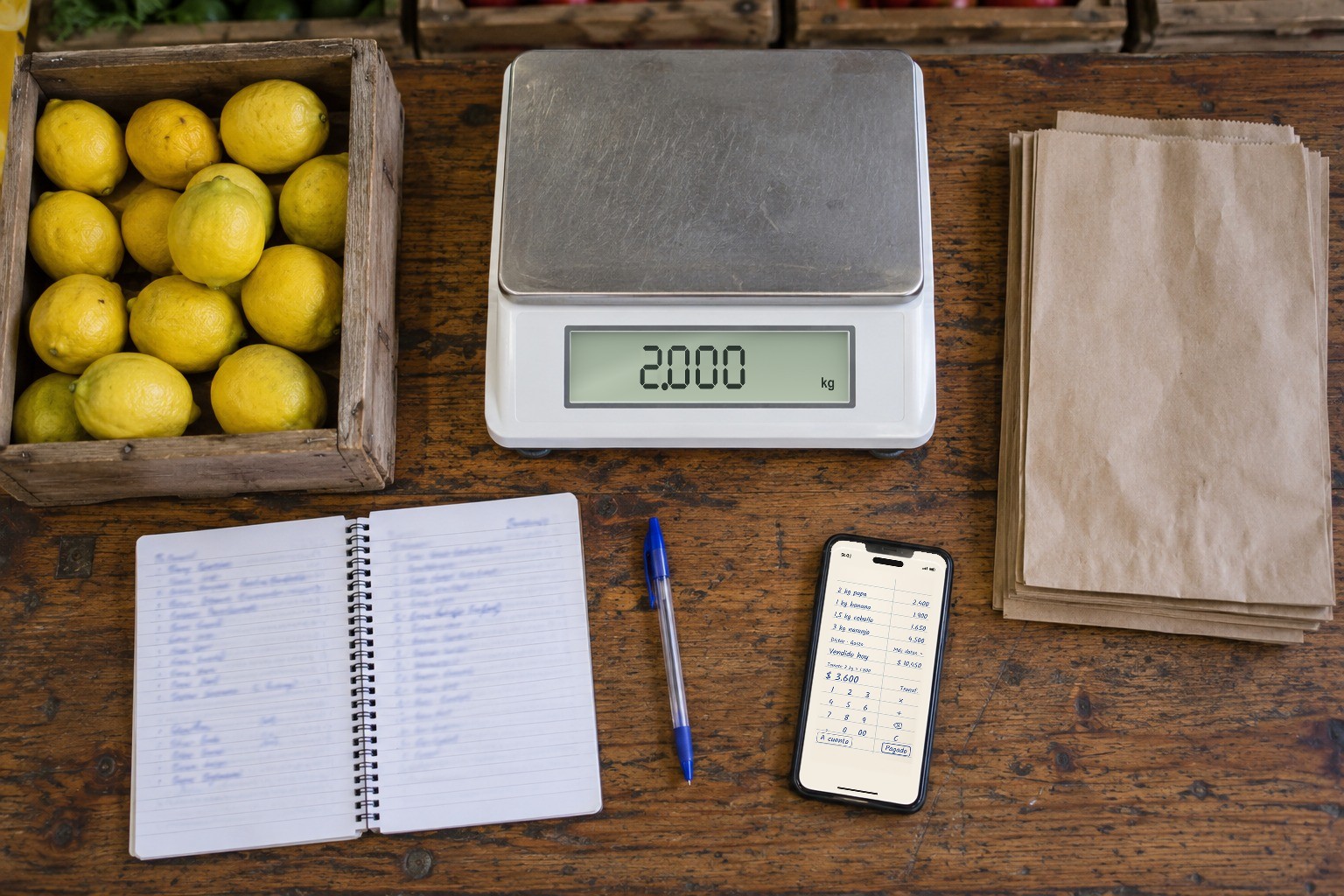 Mostrador con limones, balanza, bolsas, libreta y un celular con Birome