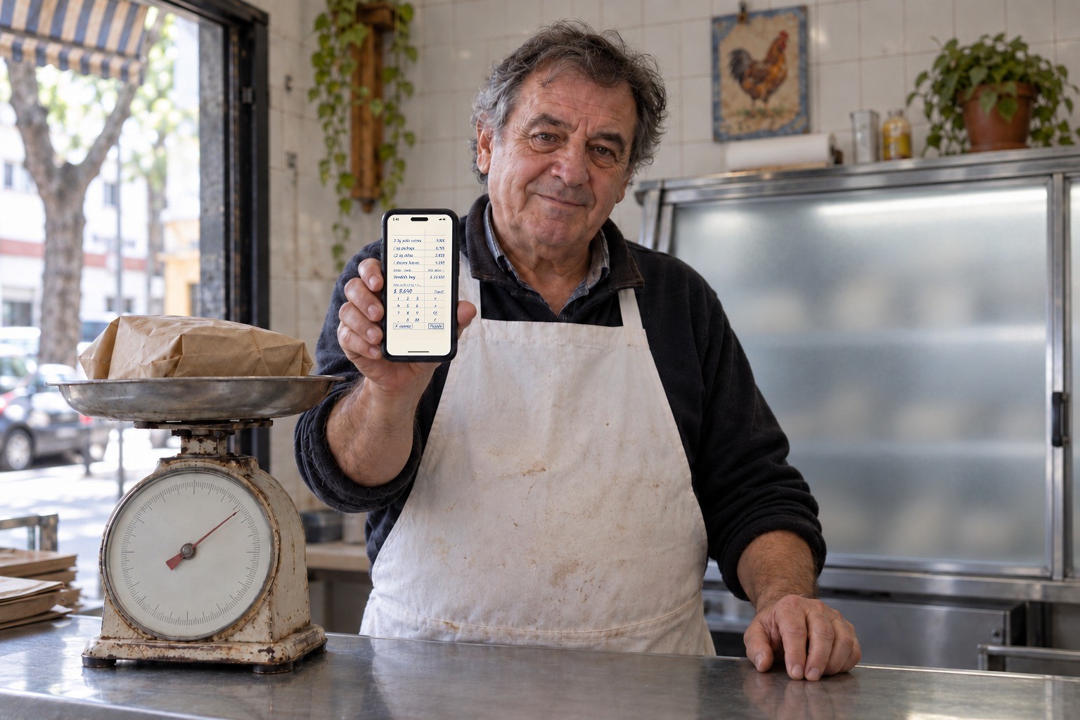 Un pollero muestra Birome en su celular, al lado de la balanza de aguja