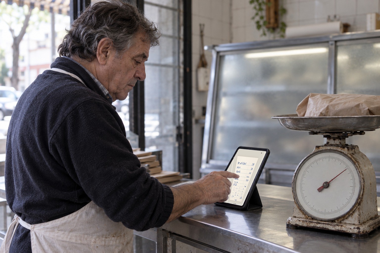 Un pollero carga una venta en la tablet, al lado de la balanza de aguja